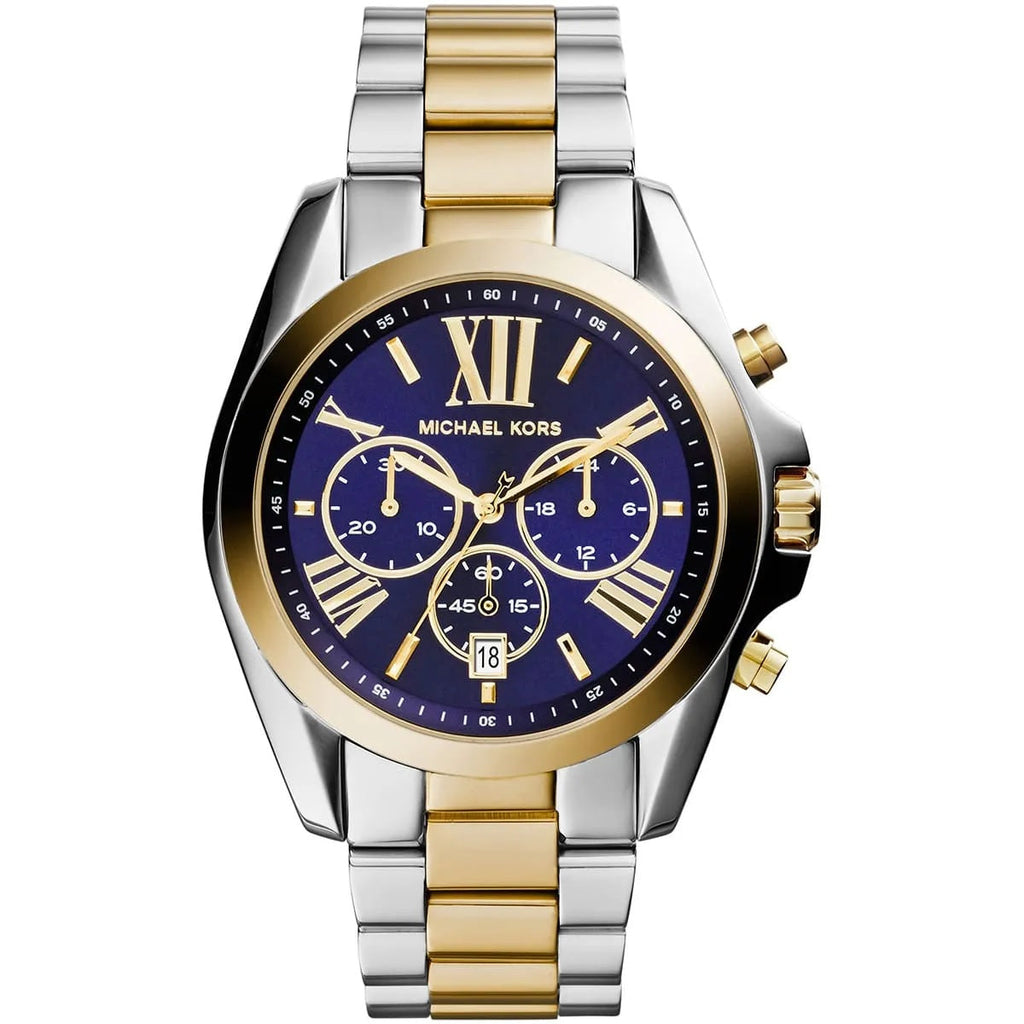 Michael Kors MK5976 Bradshaw two-tone watch front view with blue dial