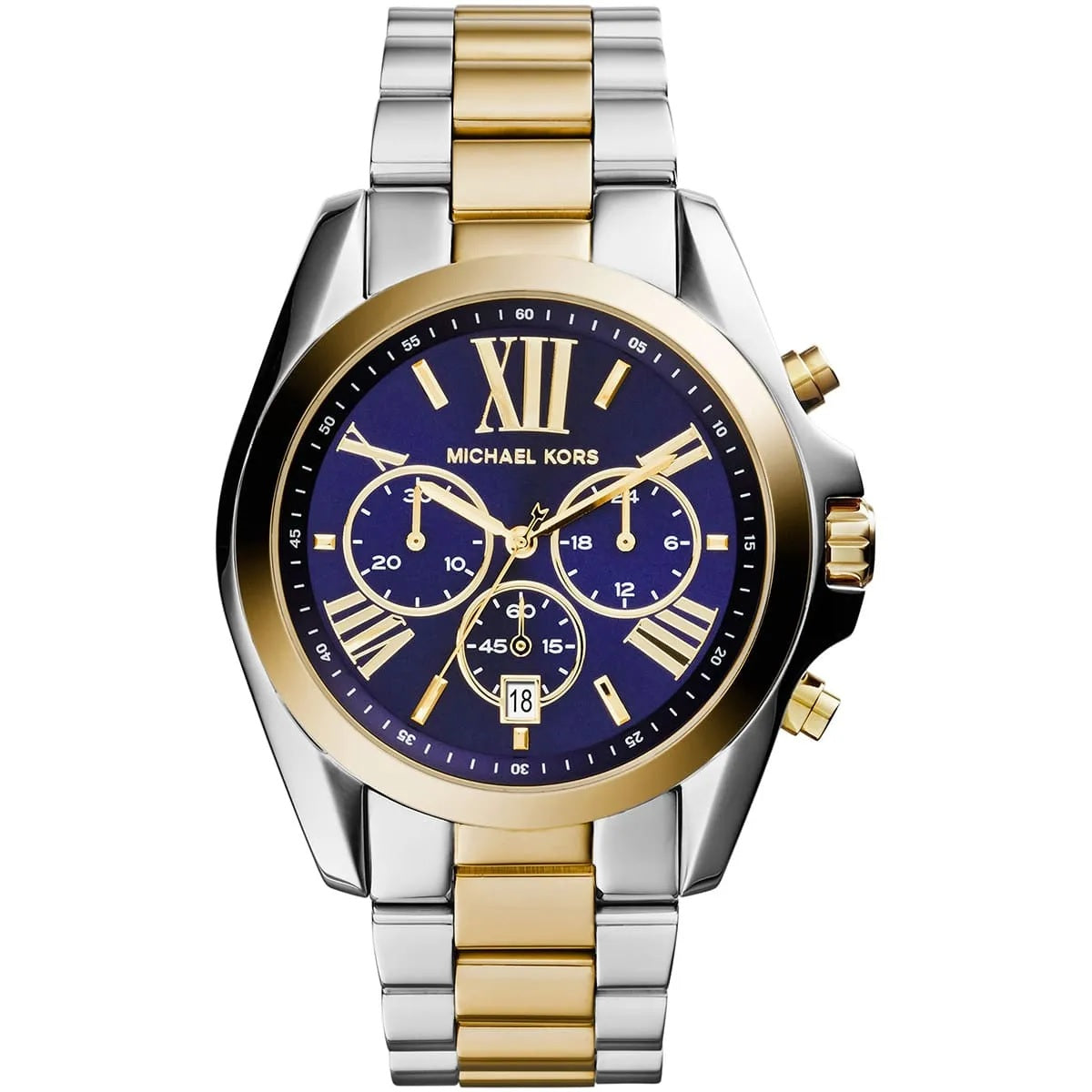 Michael Kors MK5976 Bradshaw two-tone watch front view with blue dial