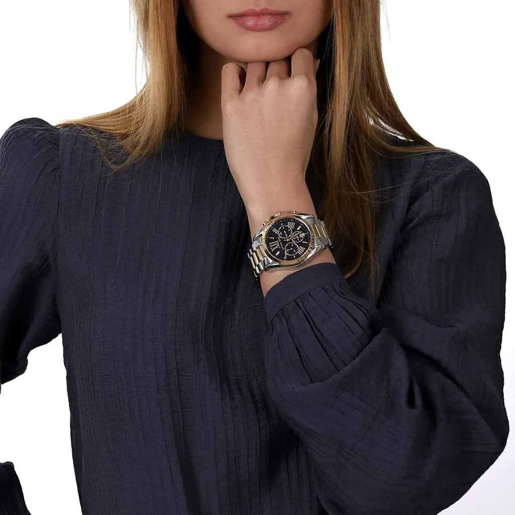 Michael Kors MK5976 Bradshaw two-tone watch on wrist with blue dial