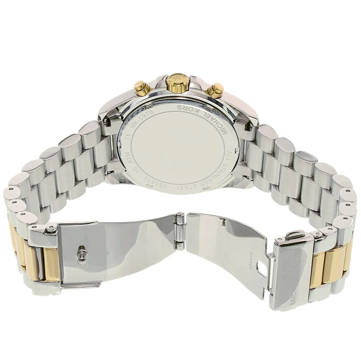 Michael Kors MK5976 two-tone watch open clasp and back view