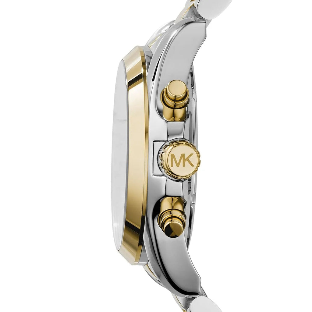 Michael Kors MK5976 two-tone watch side view with blue dial