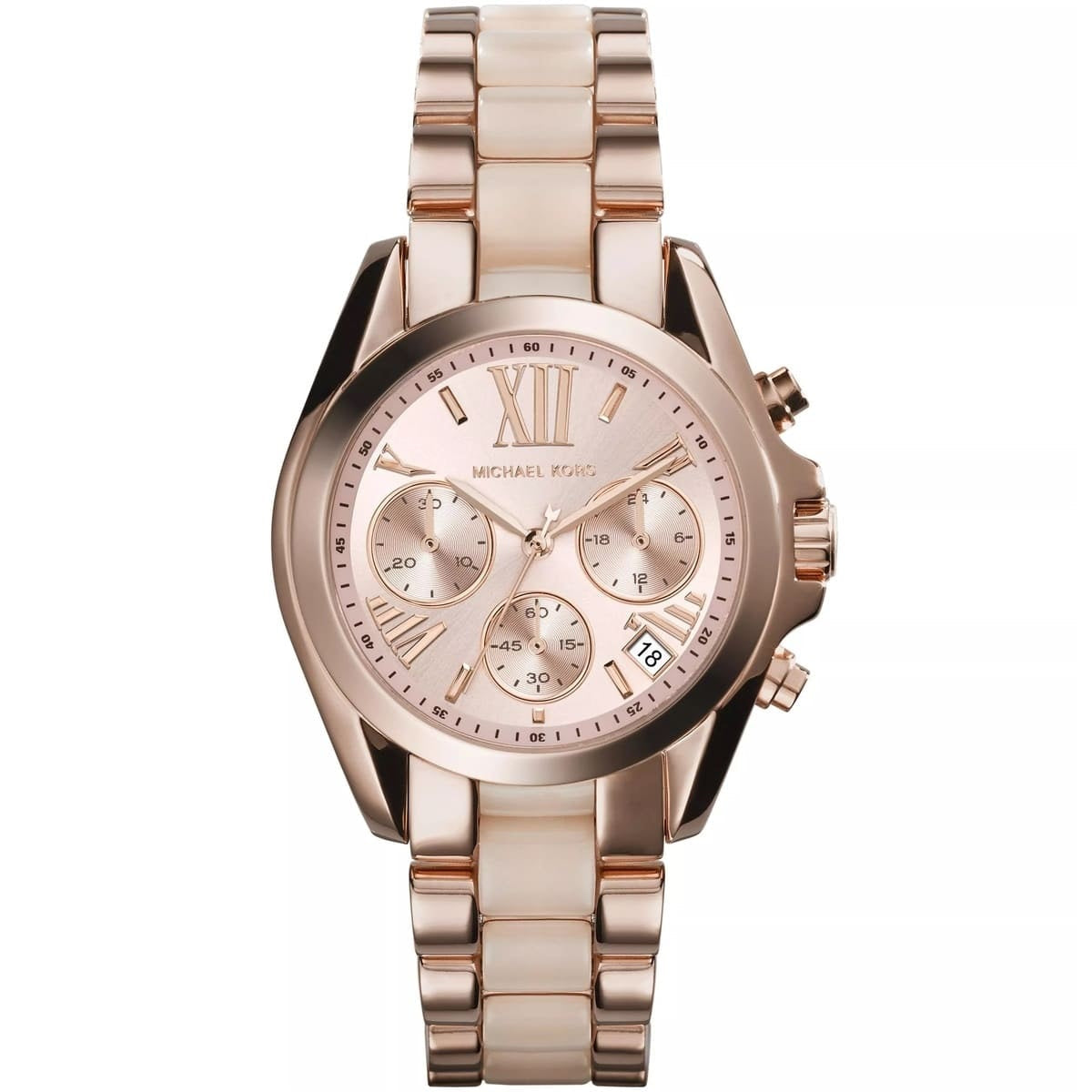 Michael Kors MK6066 Bradshaw rose gold watch front view with gold dial