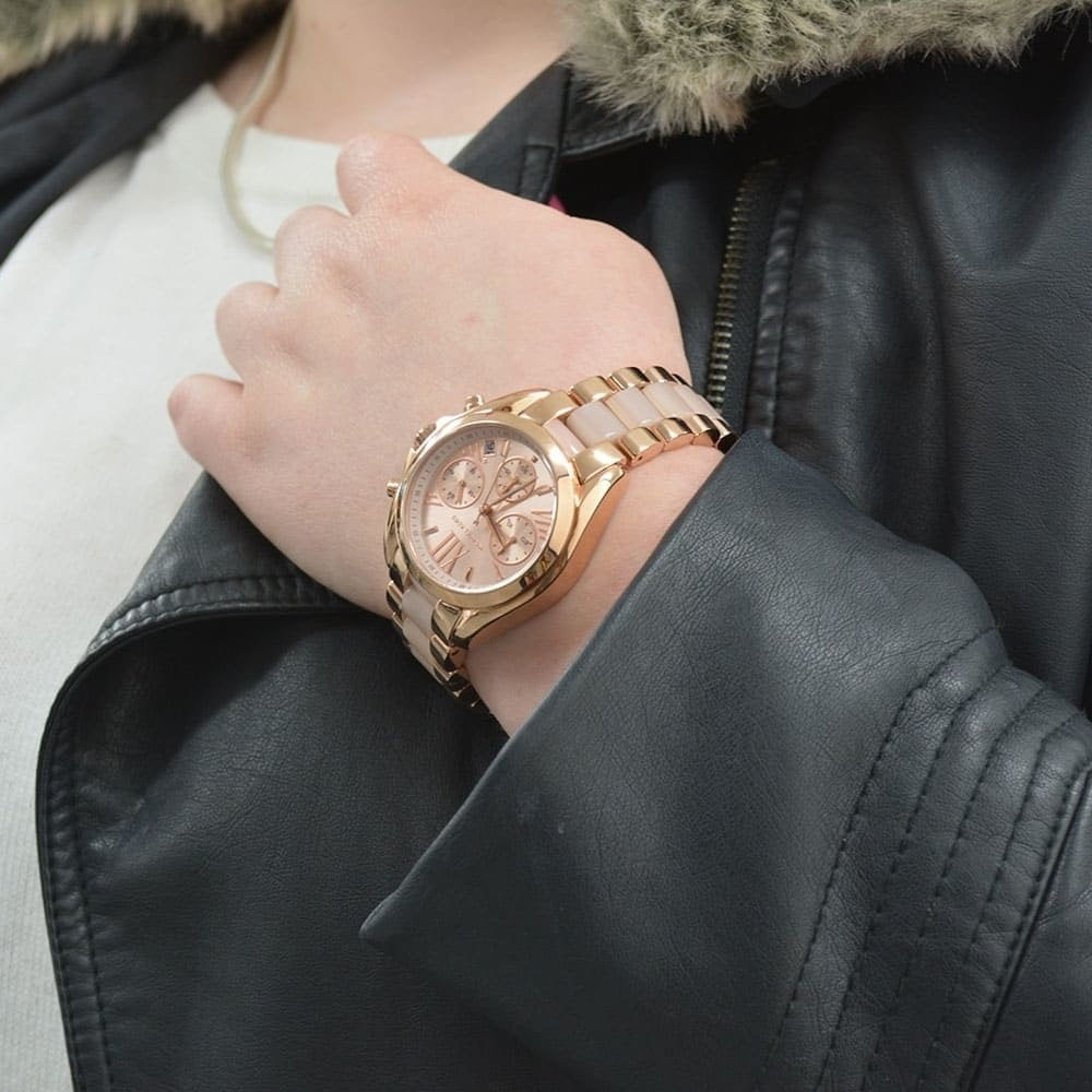 Michael Kors MK6066 Bradshaw rose gold watch on wrist
