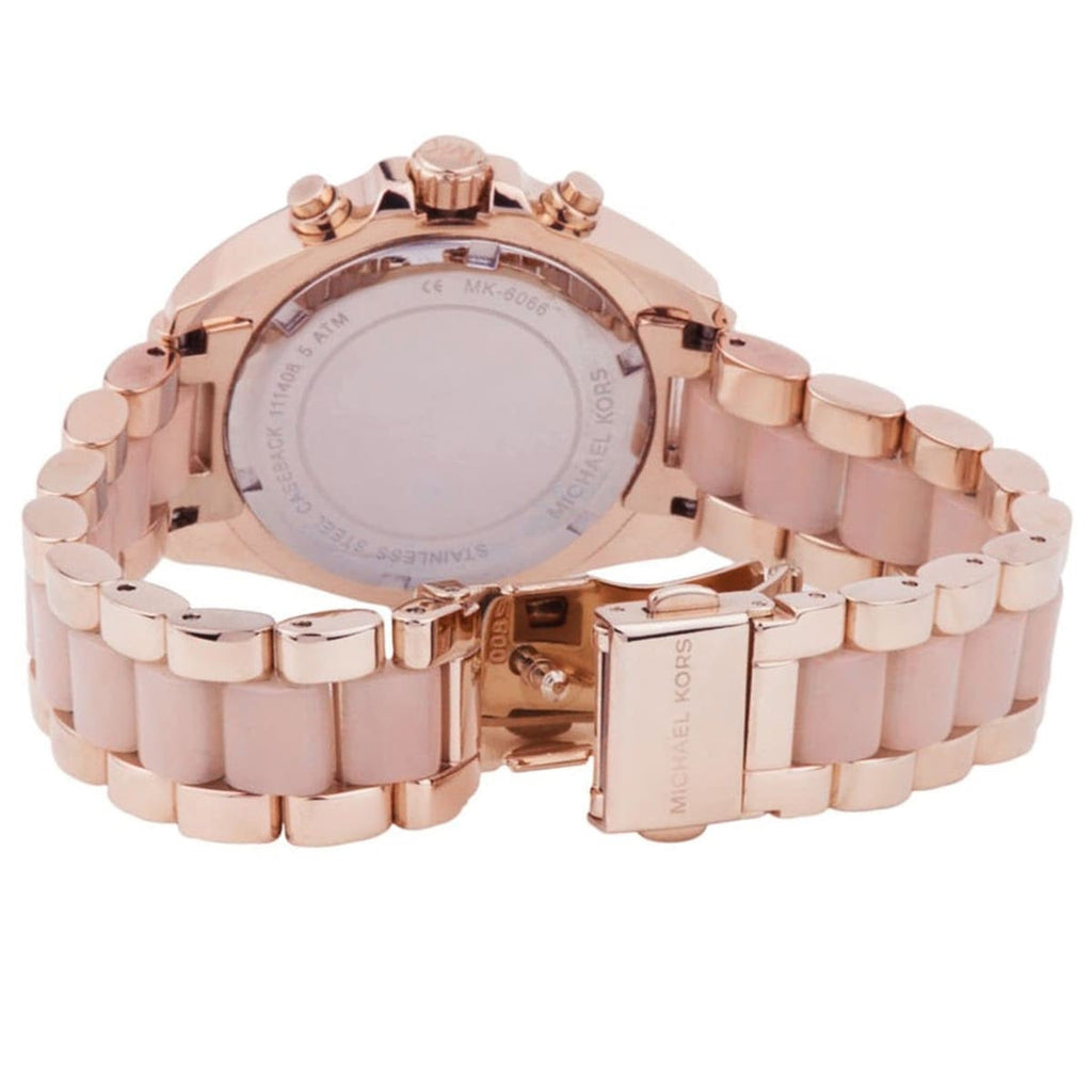 Michael Kors MK6066 open clasp and caseback view with rose gold strap