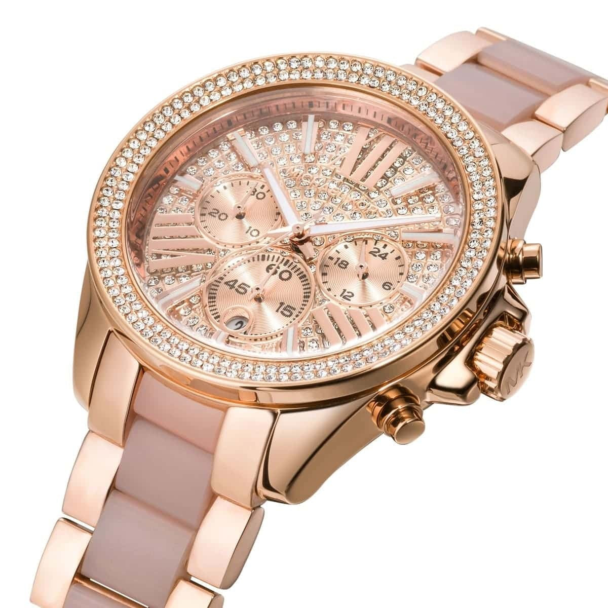 Michael Kors MK6096 Wren rose gold watch angled view with sparkling dial