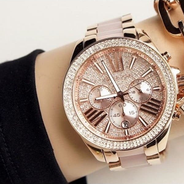 Michael Kors MK6096 rose gold dial detail with pave crystals