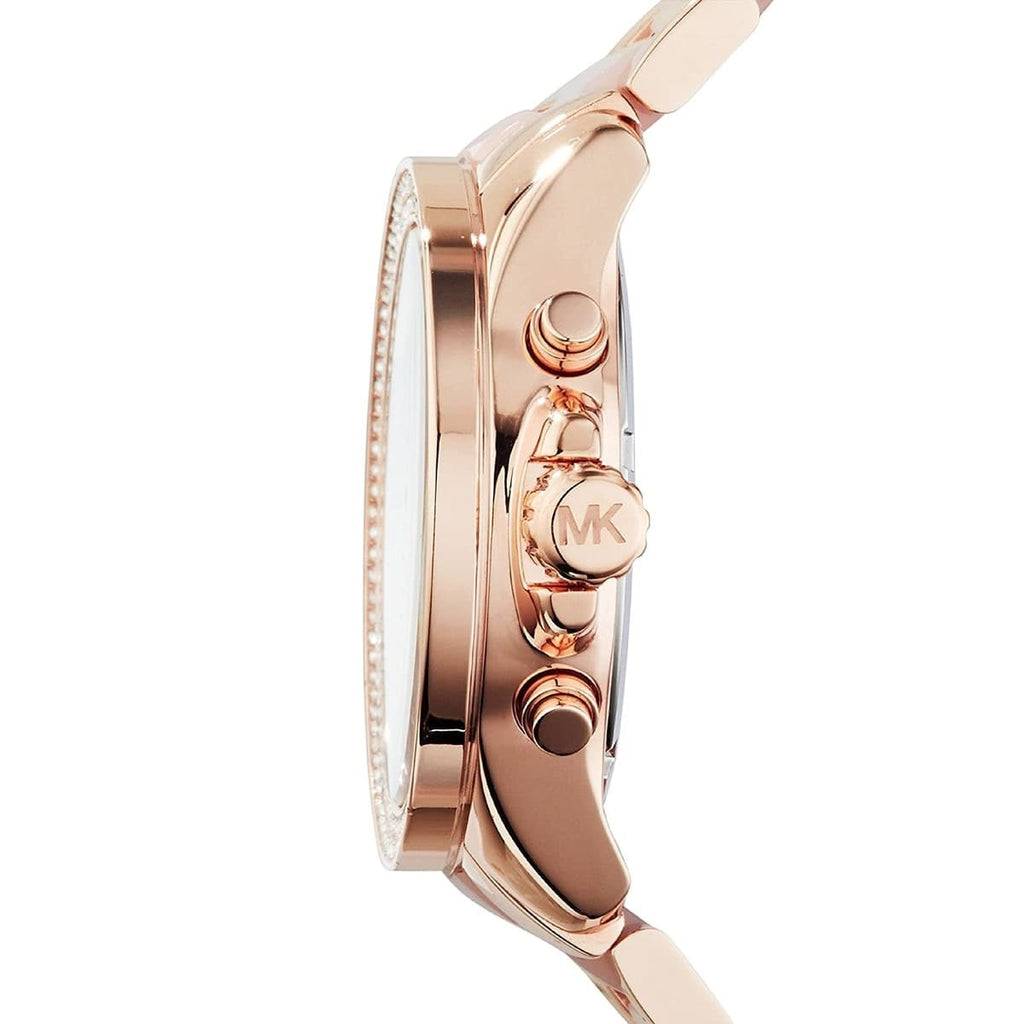 Michael Kors MK6096 rose gold watch side view with crystal detail