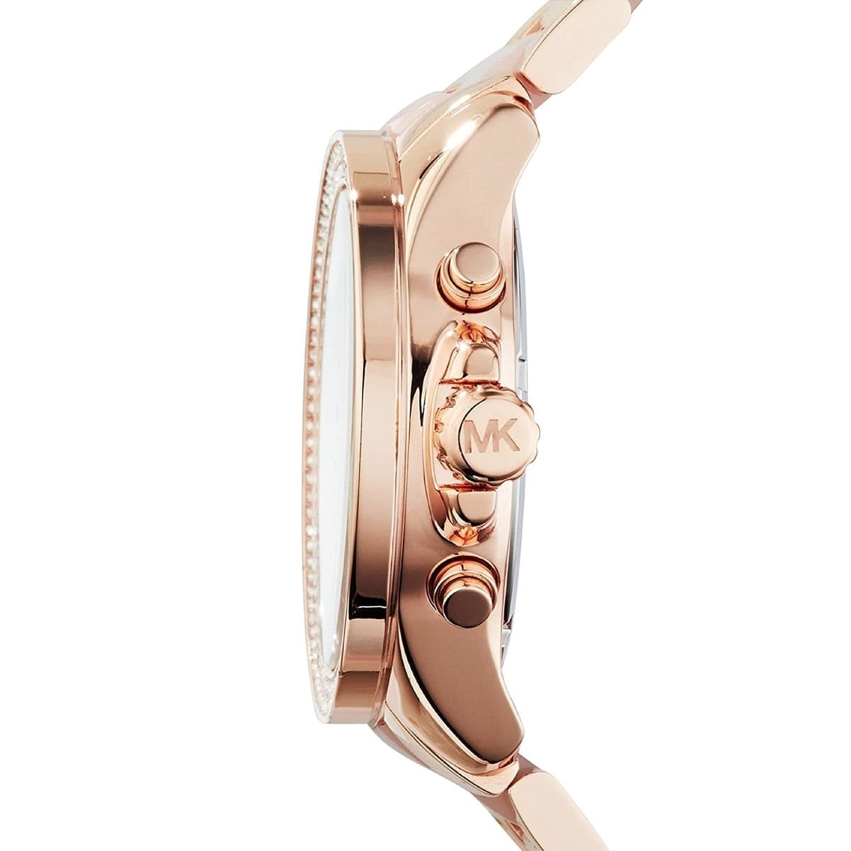 Michael Kors MK6096 rose gold watch side view with crystal detail