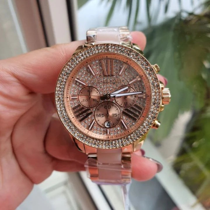 Michael Kors MK6096 women’s watch with rose gold strap and crystal dial