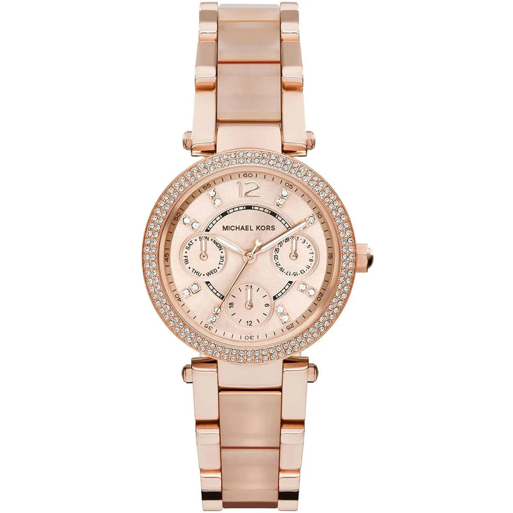 Michael Kors MK6110 Mini Parker rose gold watch front view with rose gold dial