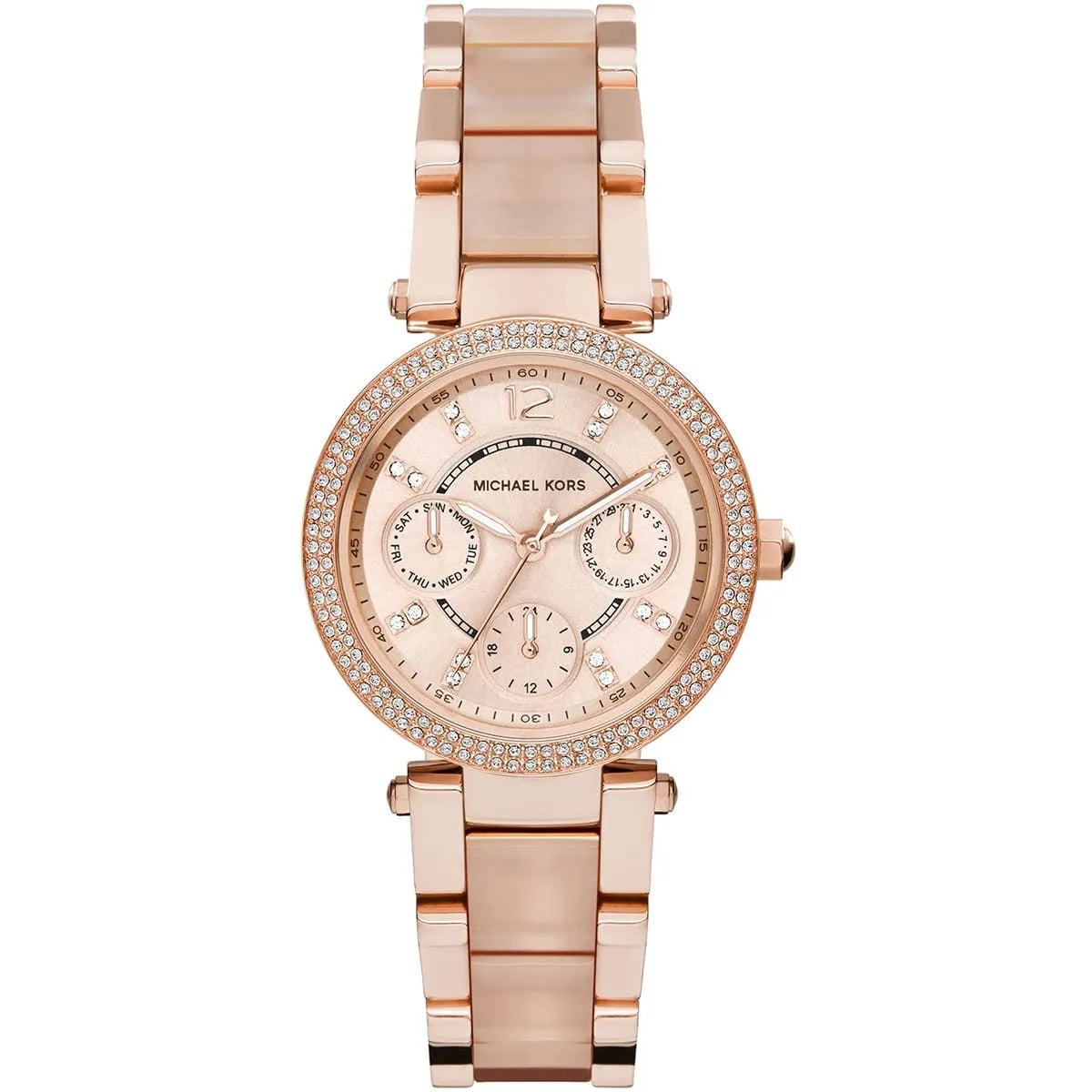 Michael Kors MK6110 Mini Parker rose gold watch front view with rose gold dial