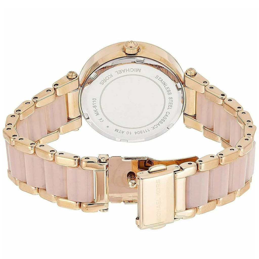 Michael Kors MK6110 rose gold watch open clasp and back view