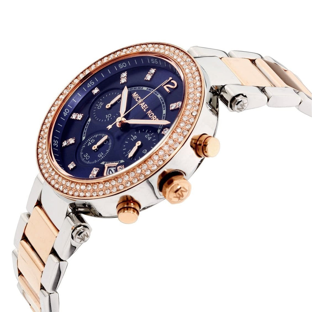 Michael Kors MK6141 angled view with blue dial and rose gold details