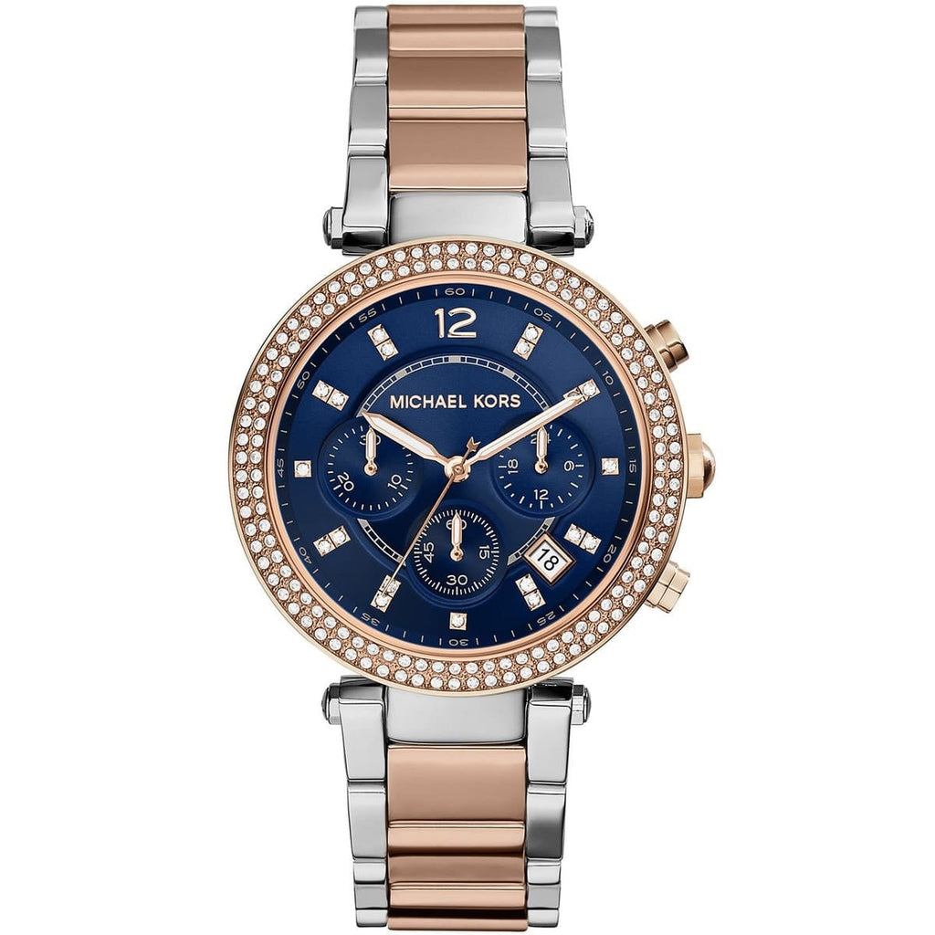 Michael Kors MK6141 Parker two-tone watch front view with blue dial
