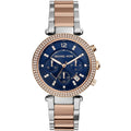 Michael Kors MK6141 Parker two-tone watch front view with blue dial