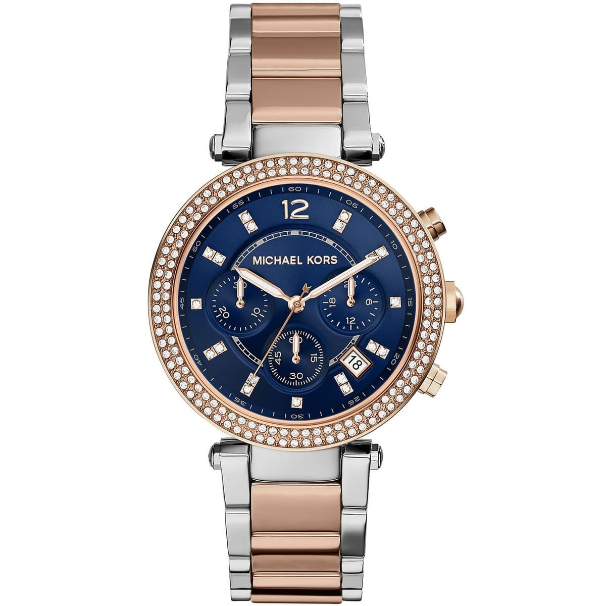 Michael Kors MK6141 Parker two-tone watch front view with blue dial