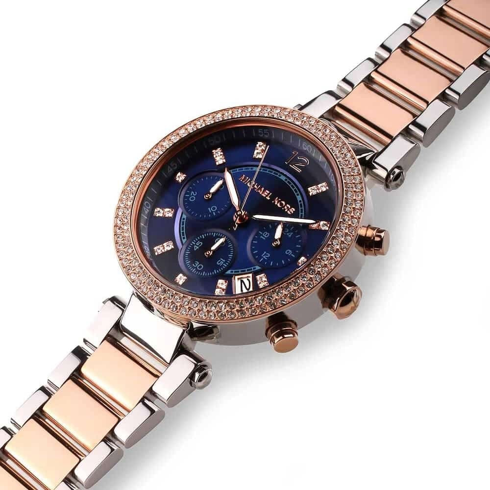 Michael Kors MK6141 women’s watch with two-tone silver and rose gold strap and blue dial
