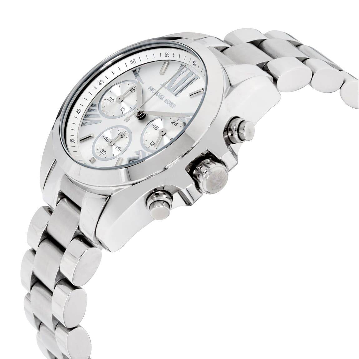 Michael Kors MK6174 silver tone watch angled view