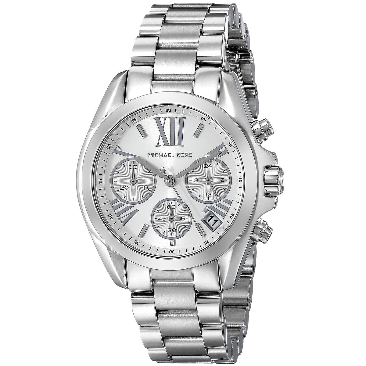 Michael Kors MK6174 Bradshaw silver watch front view with silver dial