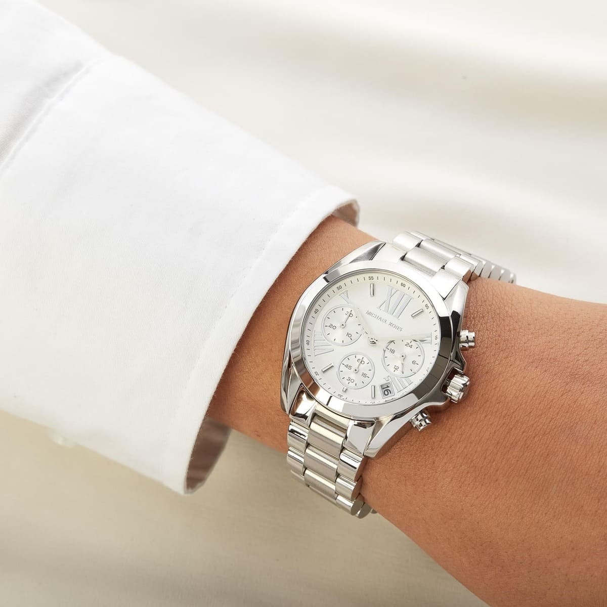 Michael Kors MK6174 Bradshaw silver watch on wrist