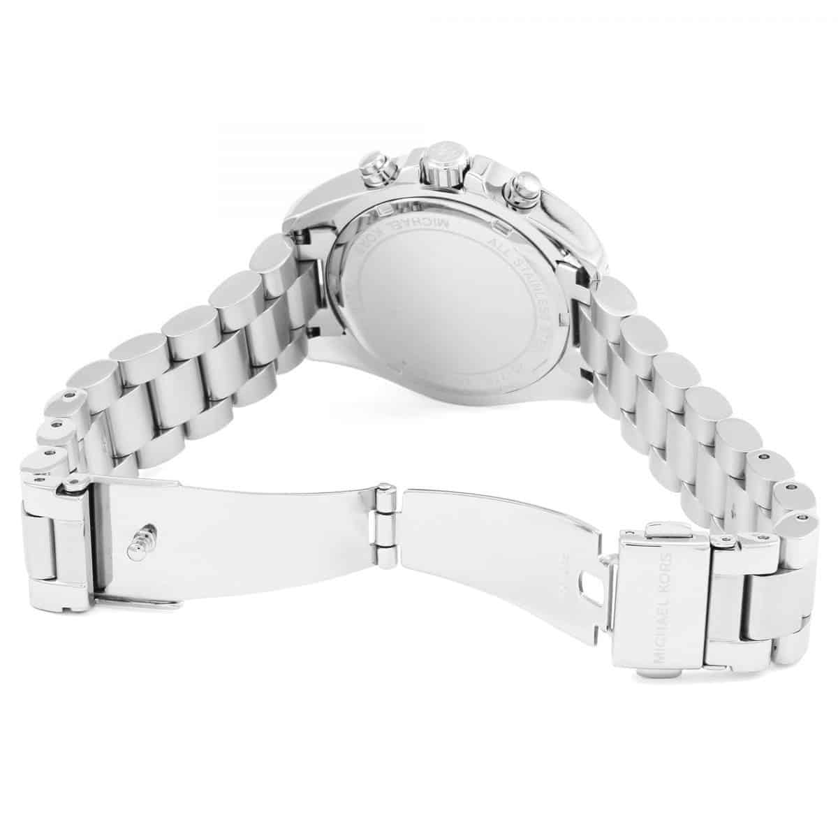 Michael Kors MK6174 silver watch open clasp and back view