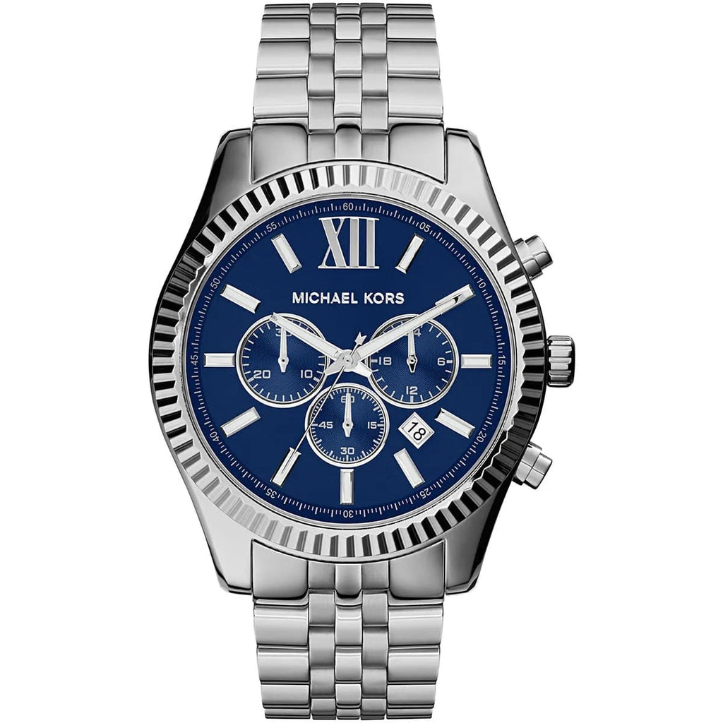 Michael Kors MK8280 Lexington silver watch front view with blue dial