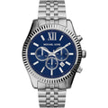 Michael Kors MK8280 Lexington silver watch front view with blue dial