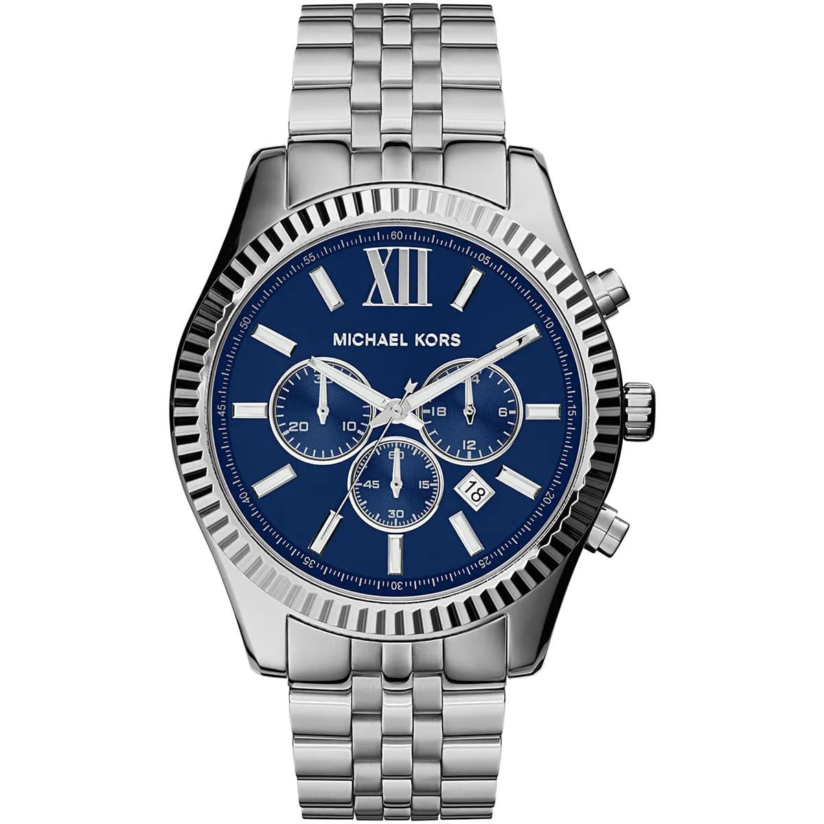 Michael Kors MK8280 Lexington silver watch front view with blue dial