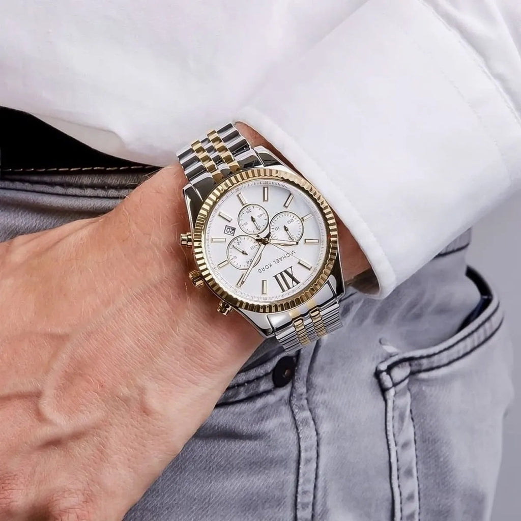 Michael Kors MK8344 dial hands close-up with two-tone strap