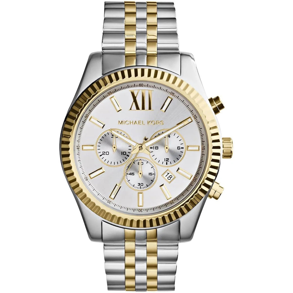 Michael Kors MK8344 Lexington two-tone watch front view with silver dial