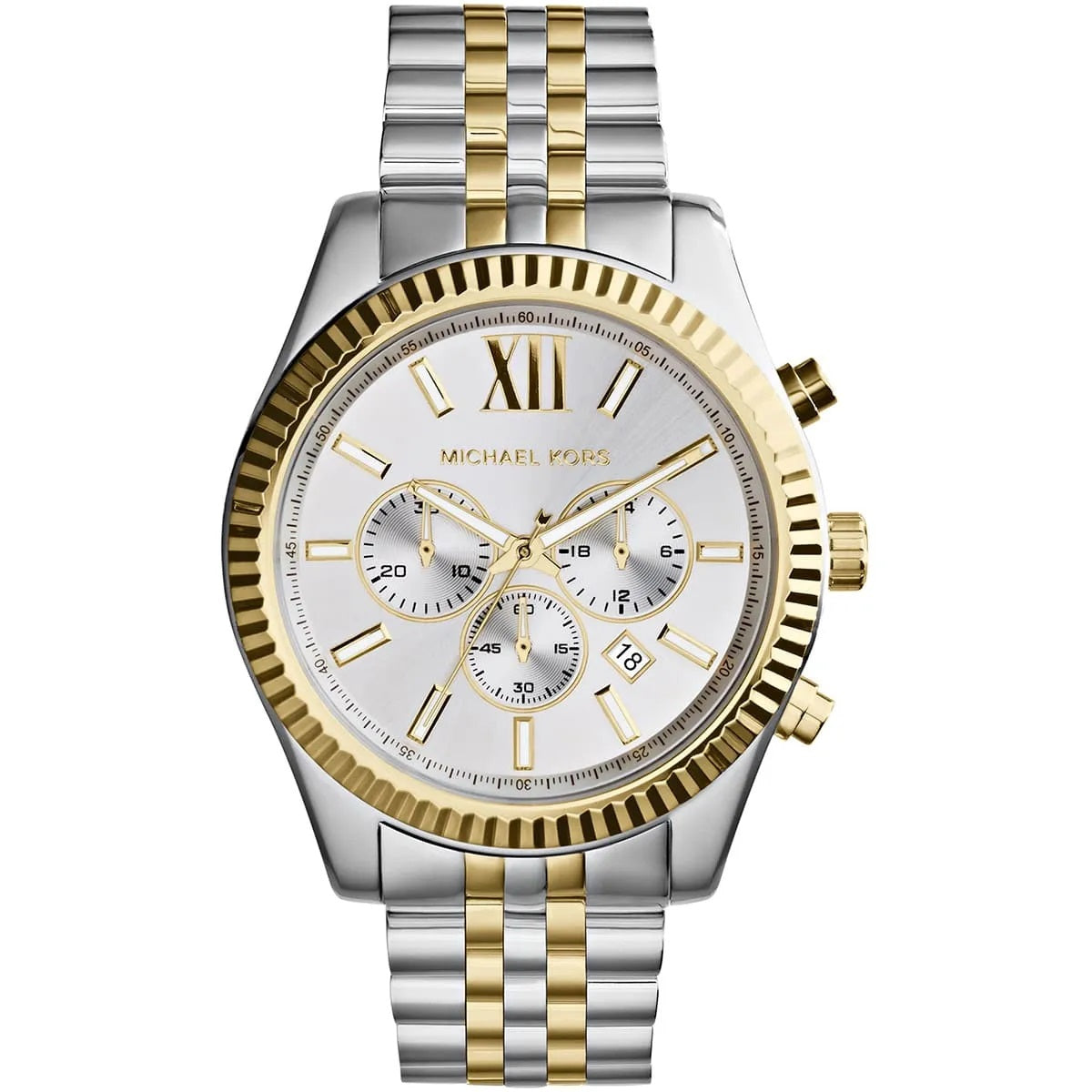 Michael Kors MK8344 Lexington two-tone watch front view with silver dial