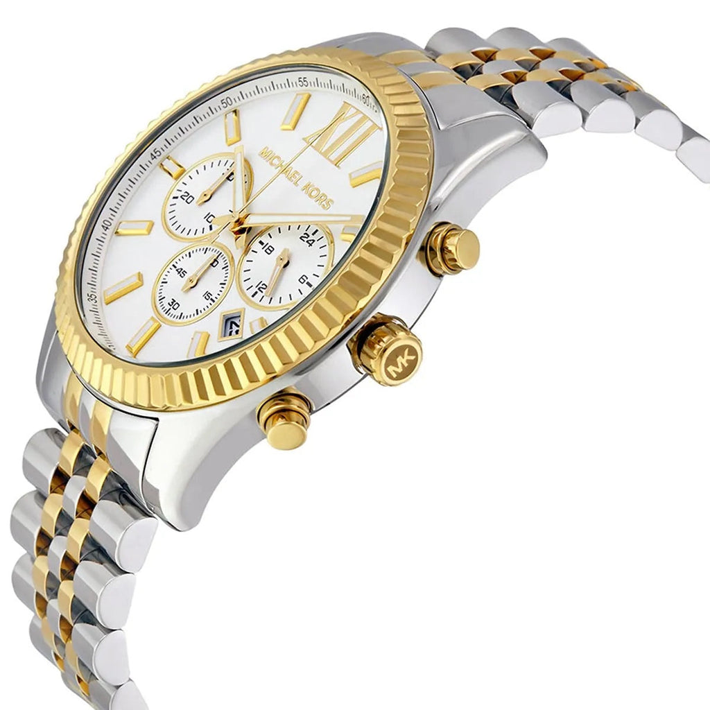 Michael Kors MK8344 silver dial close-up with two-tone strap