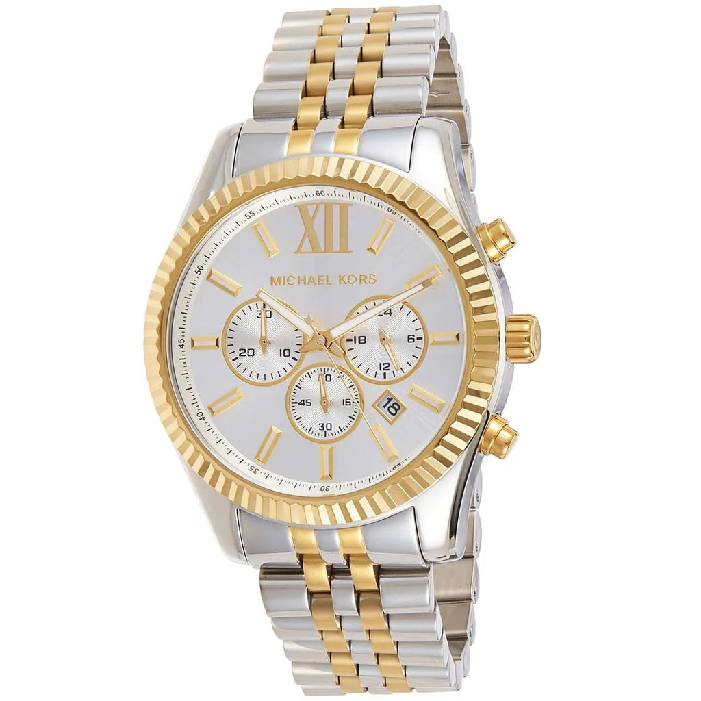 Michael Kors MK8344 two-tone strap detail with silver dial