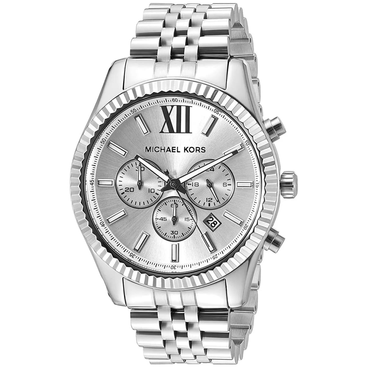 Michael Kors MK8405 Lexington silver watch front view with silver dial