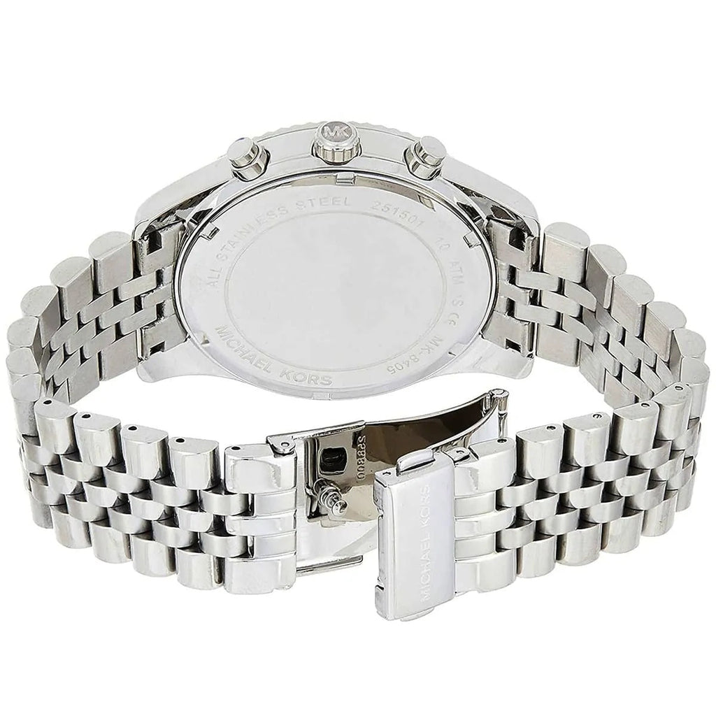 Michael Kors MK8405 silver strap watch open clasp view