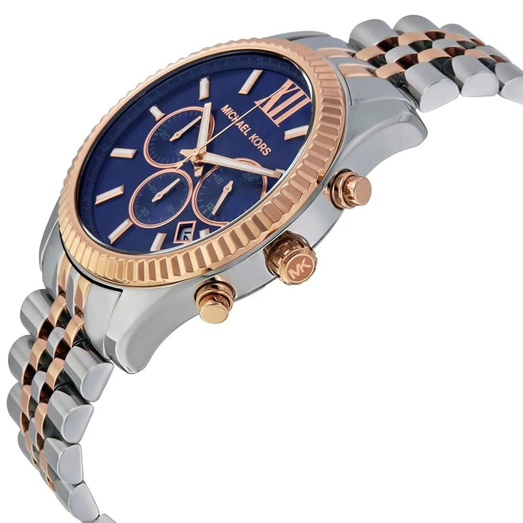 Michael Kors MK8412 angled view with blue dial and two-tone strap