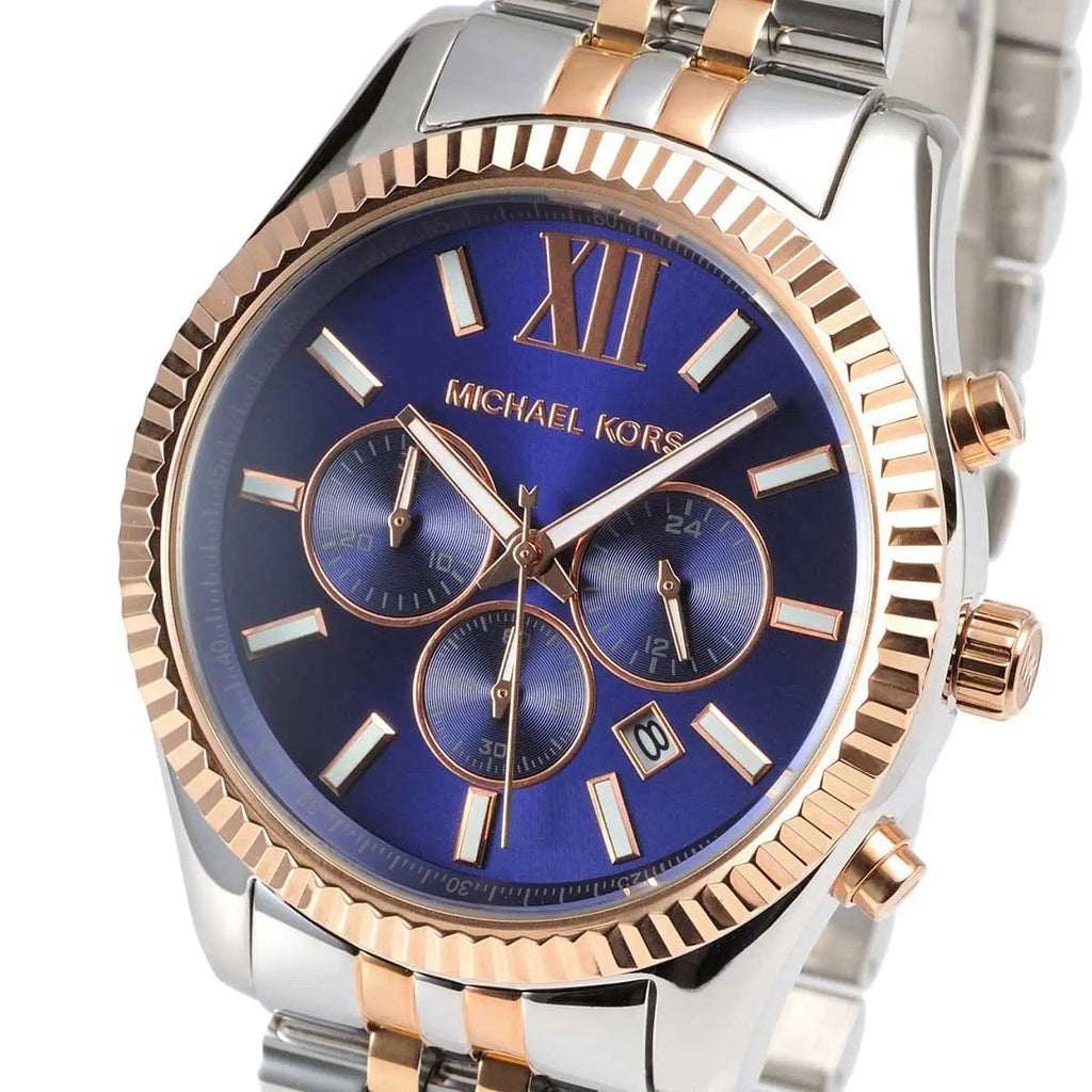 Michael Kors MK8412 blue dial close-up with two-tone strap