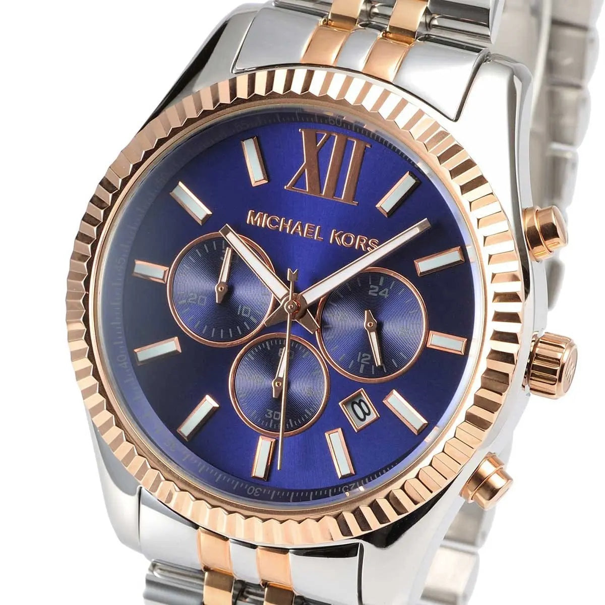 Michael Kors MK8412 blue dial close-up with two-tone strap