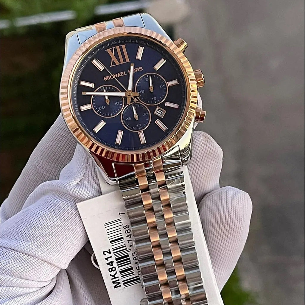 Michael Kors MK8412 blue dial hands close-up