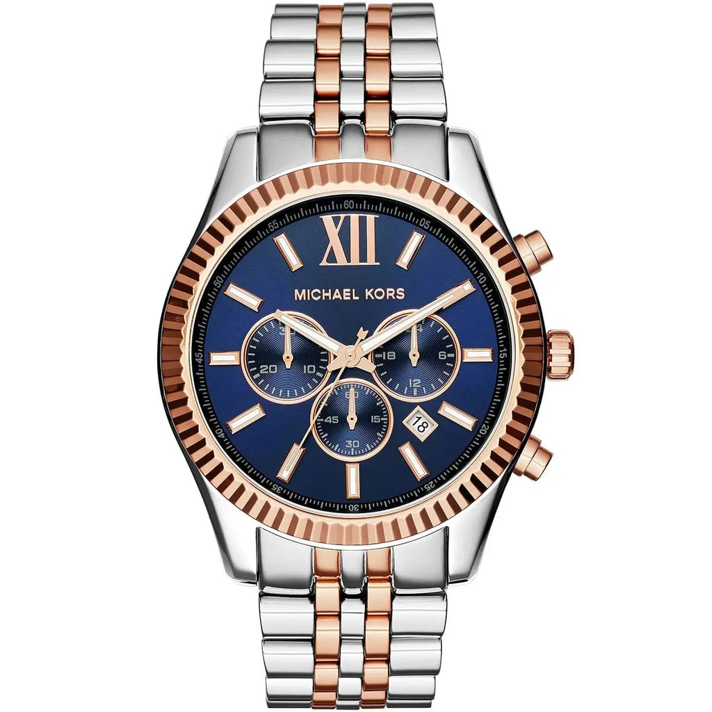 Michael Kors MK8412 Lexington two-tone watch front view with blue dial