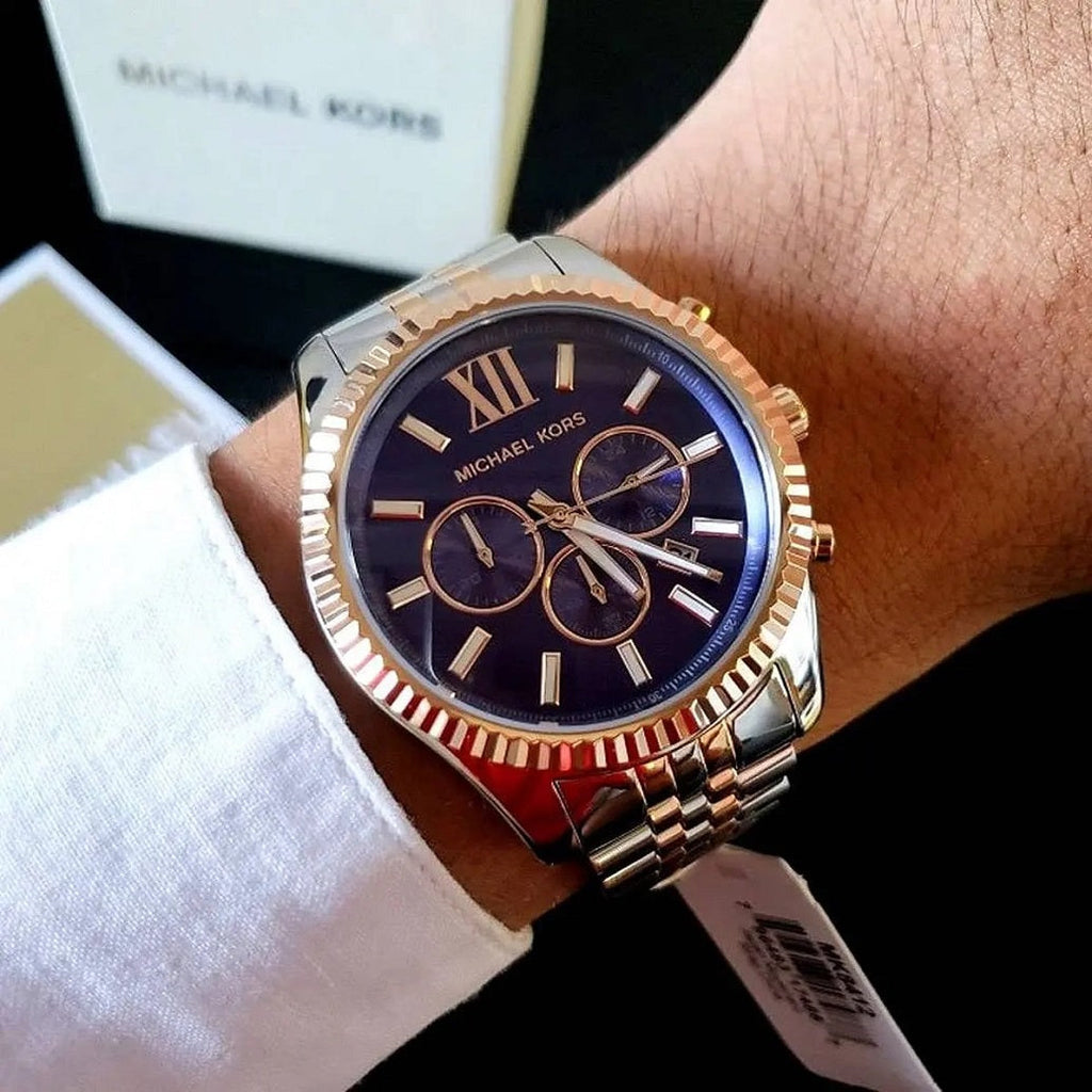Michael Kors MK8412 Lexington watch on wrist with blue dial