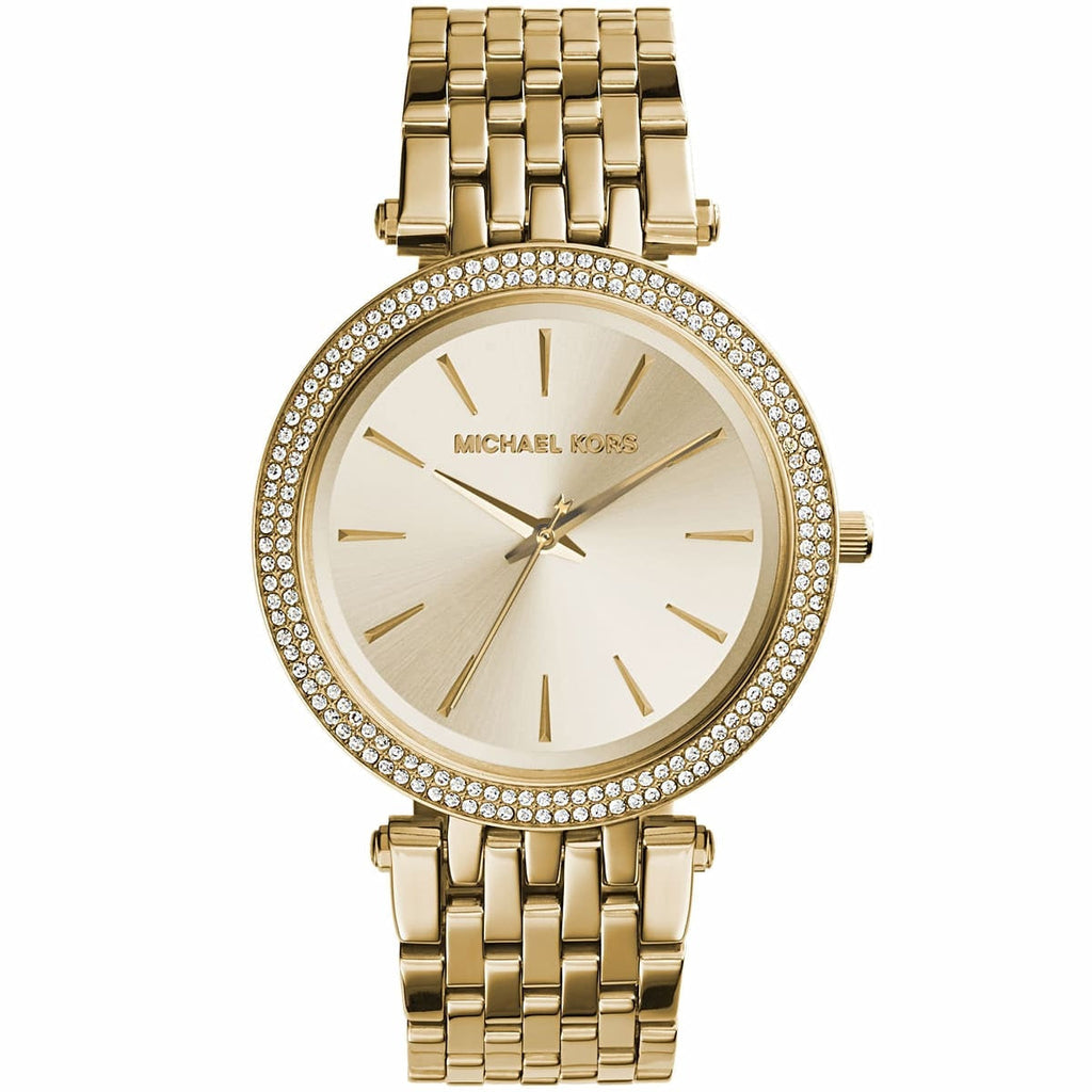 Michael Kors MK3191 Darci gold watch front view with gold dial and crystal detail