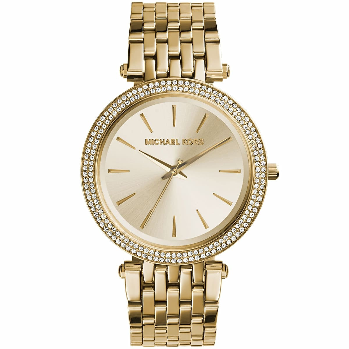 Michael Kors MK3191 Darci gold watch front view with gold dial and crystal detail