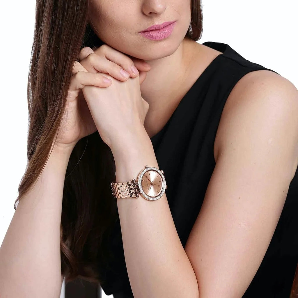 Michael Kors MK3192 rose gold dial angled wrist view