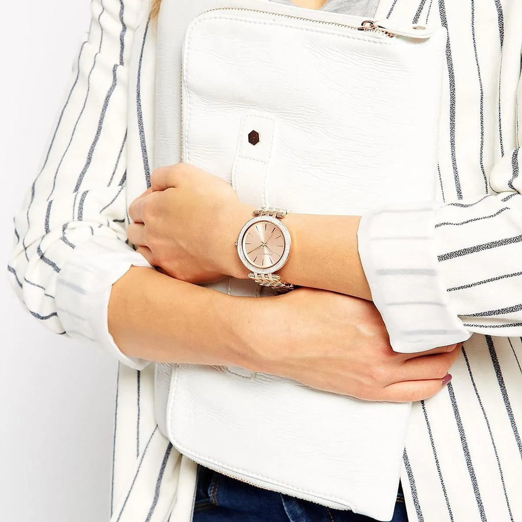 Michael Kors MK3192 rose gold dial watch worn on wrist