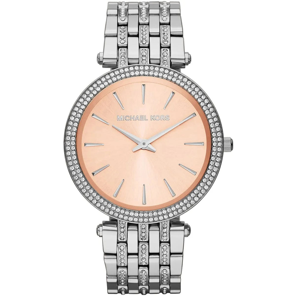 Michael Kors MK3218 Darci silver watch front view with beige dial