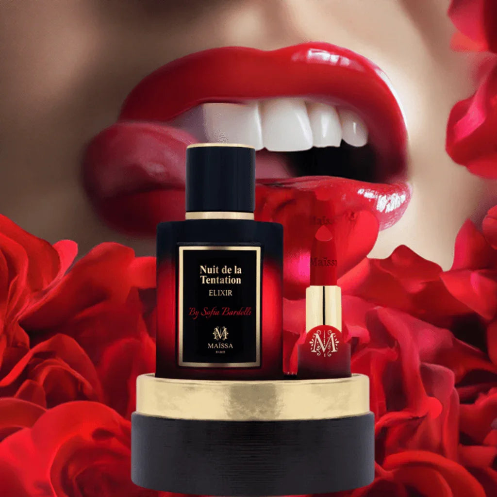 Maïssa Nuit de la Tentation perfume with red lips and rose styling