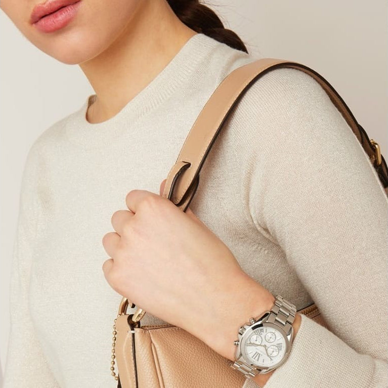 Michael Kors MK6174 silver dial watch on wrist
