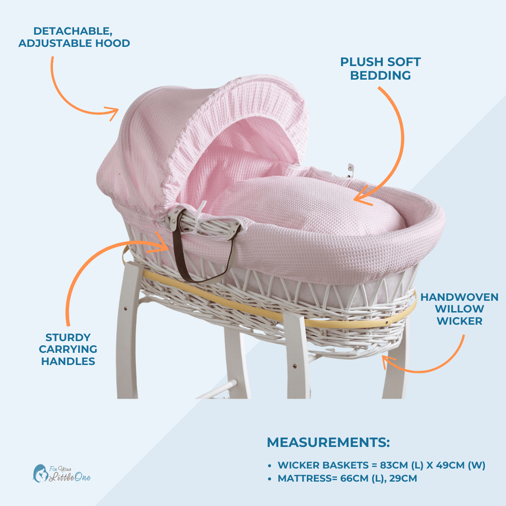 Pink waffle white wicker baby Moses basket with stand