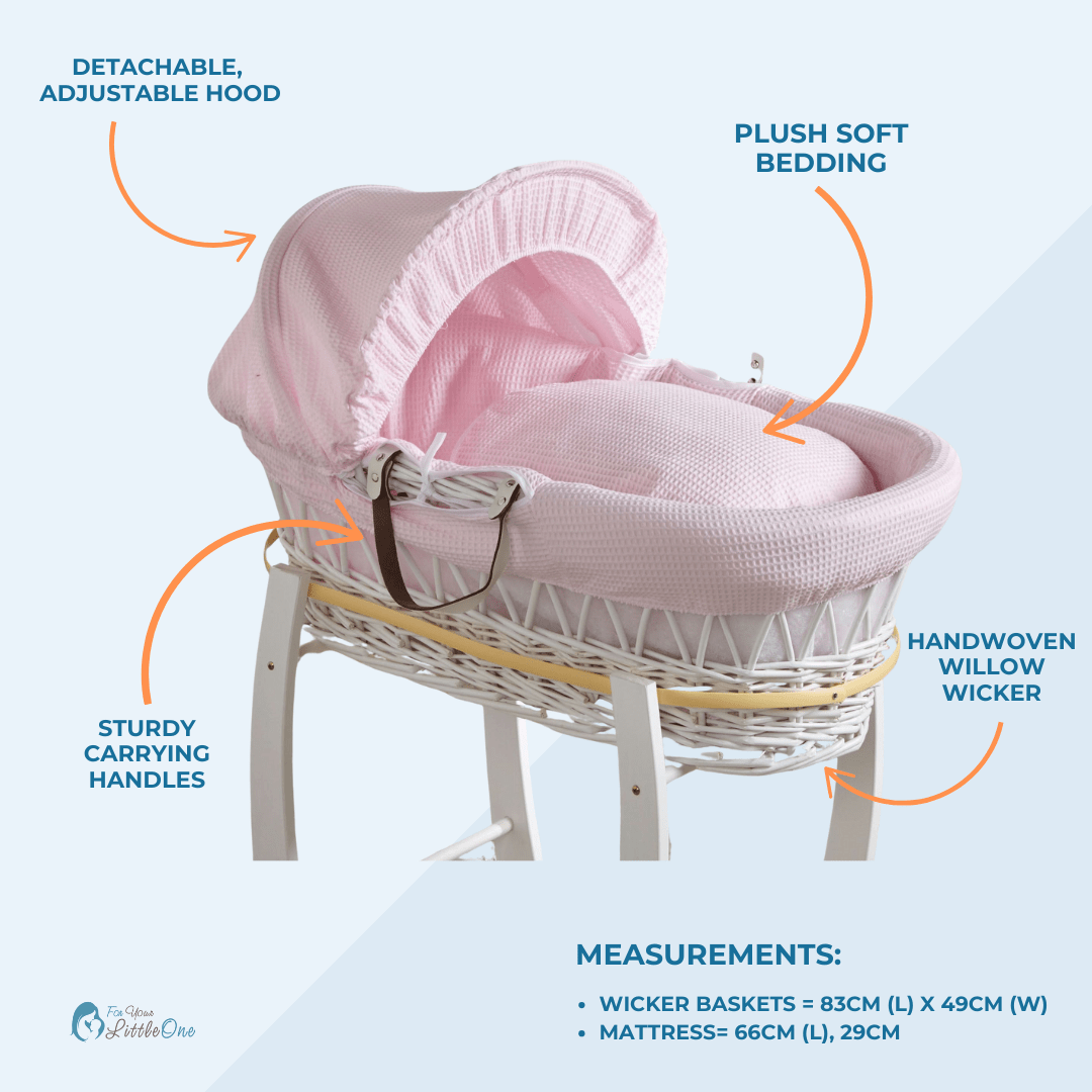 Pink waffle white wicker baby Moses basket with stand